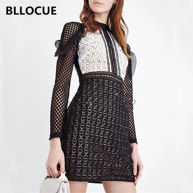 BLLOCU Runway Self-portrait Spring Black White Plaid Patchwork Hollow Out Lace Dress Women Long Sleeve Ruffles A-Line | Женская одежда