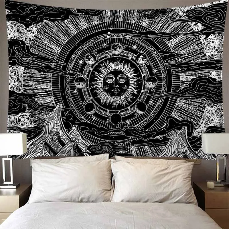 Online Psychedelic Raum Berg Sonne Und Mond Wandteppich Hängen Retro Schwarz Weiß Dünne Wand Kunst Tuch Tapisserie Hippie Wand Teppich