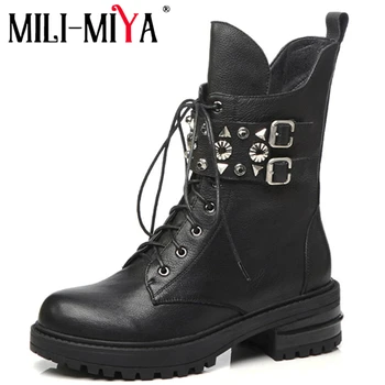 

MILI-MIYA Autumn Genuine Leather Buckle Ankle Boots For Women round Toe Square Heels Motorcycle Rivet boots Shoes Women handmade