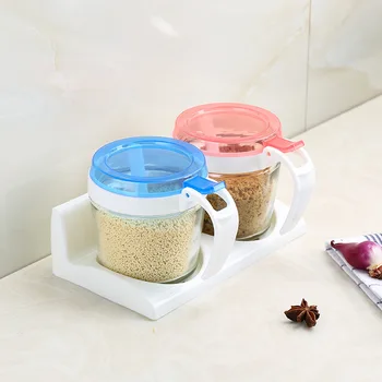 

Multi-functional kitchen spice bottle glass spice bottle spice tank set creative glass seasoning two compartments with base