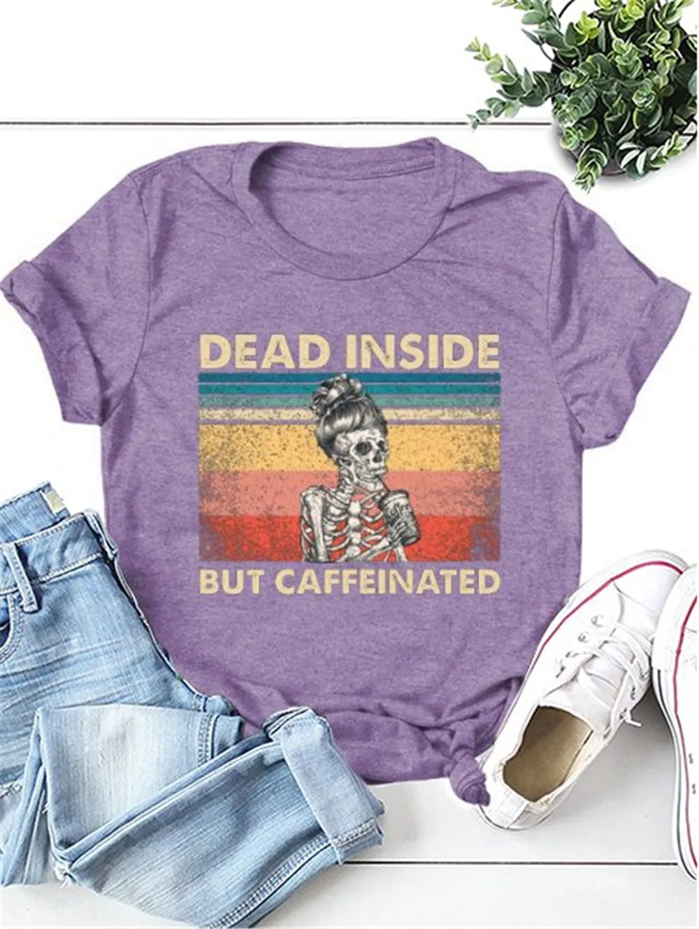 Camiseta con estampado de esqueleto muerto en el interior, Camiseta de algodón con estampado de café Vintage