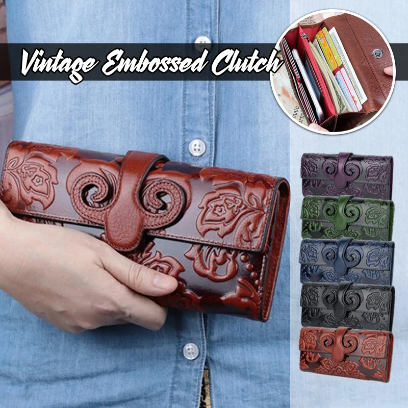 Retro Embossed Women's Clutch Premium Genuine Oil Waxing Leather Unique Embossed Floral Woman Purse  Long Cover Style Wallets