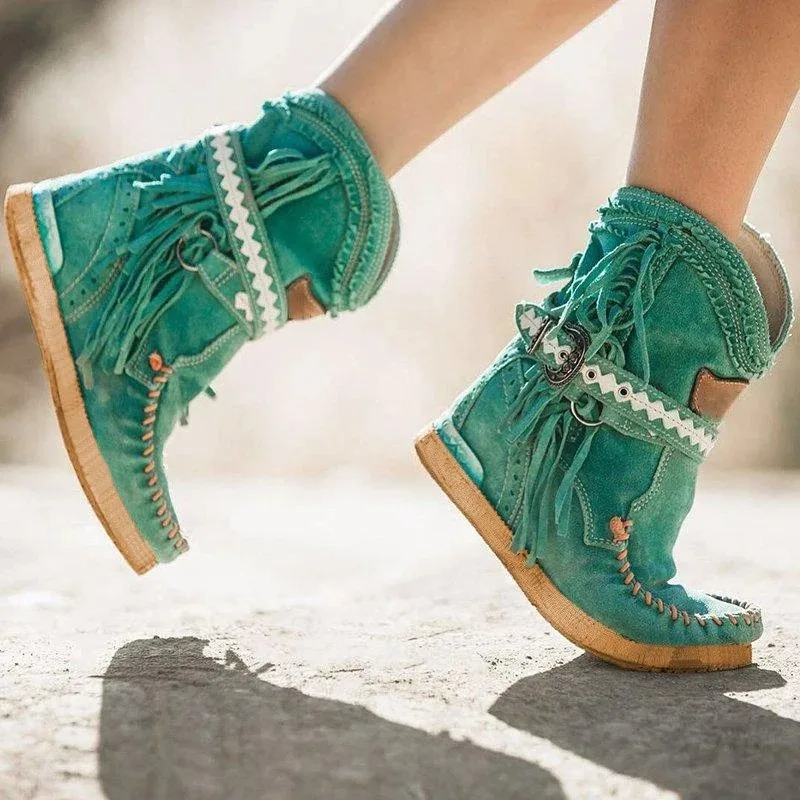 Dropshipping Women Ankle Short Boots Tassels Round Toe Buckle Strap Boots Ethnic Warm Non-slip Boots Shoe For Ladies Botas Mujer