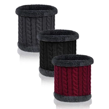 

Unisex Winter Warm Bib Double Layer Wool Lined Thick Knitted Round Scarf 3Pcs