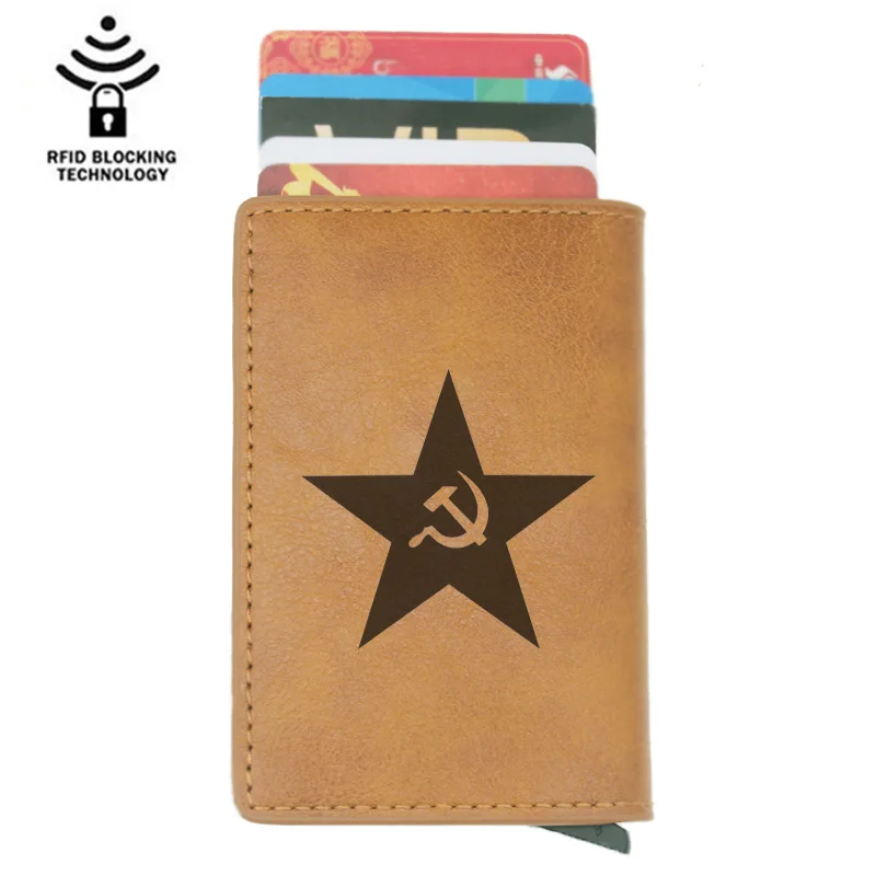 

Communist five-pointed star Scythe hammer Rfid Card Holder Men Wallets Brown Short Purse Leather Slim Wallets Mini Wallets