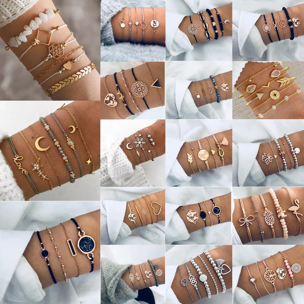 Pulseras de estilo geométrico con letras y corazones, pulsera tejida de piedras naturales, Luna, concha de cristal, 21 Uds., venta al por mayor