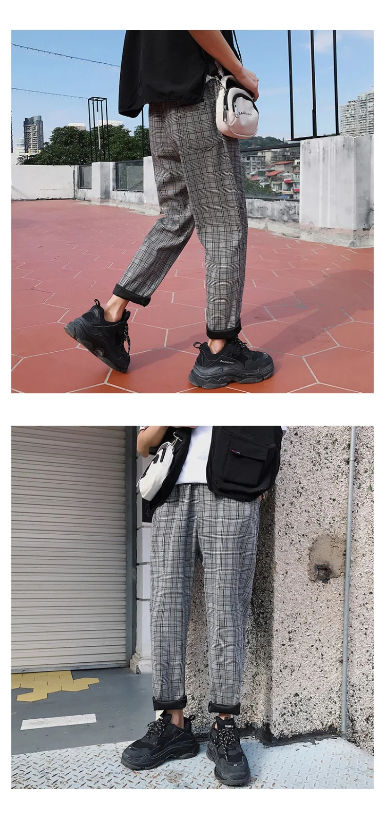 Liketkit Men Women Korean Black Plaid Casual Pants Mens Harajuku Streetwear Harem Pants Male Hip Hop Checkered Trousers 5XL