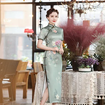 

Plus Size 3XL Short Sleeve Classic Women Rayon Cheongsam Elegant Long Sexy Qipao Summer Print Flower Dress Mandarin Collar