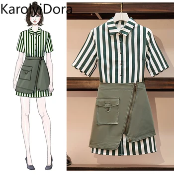

Women Fashion Outfits Plus Size 2 Piece Set Short Sleeve Striped Long Blouse Shirt + Zipper Pocket Army Green Mini Skirt Set