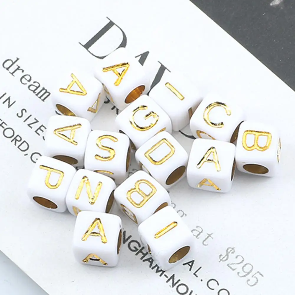 100pcs White Cube Acrylic Alphabet Bead Loose Spacer Gold Plated