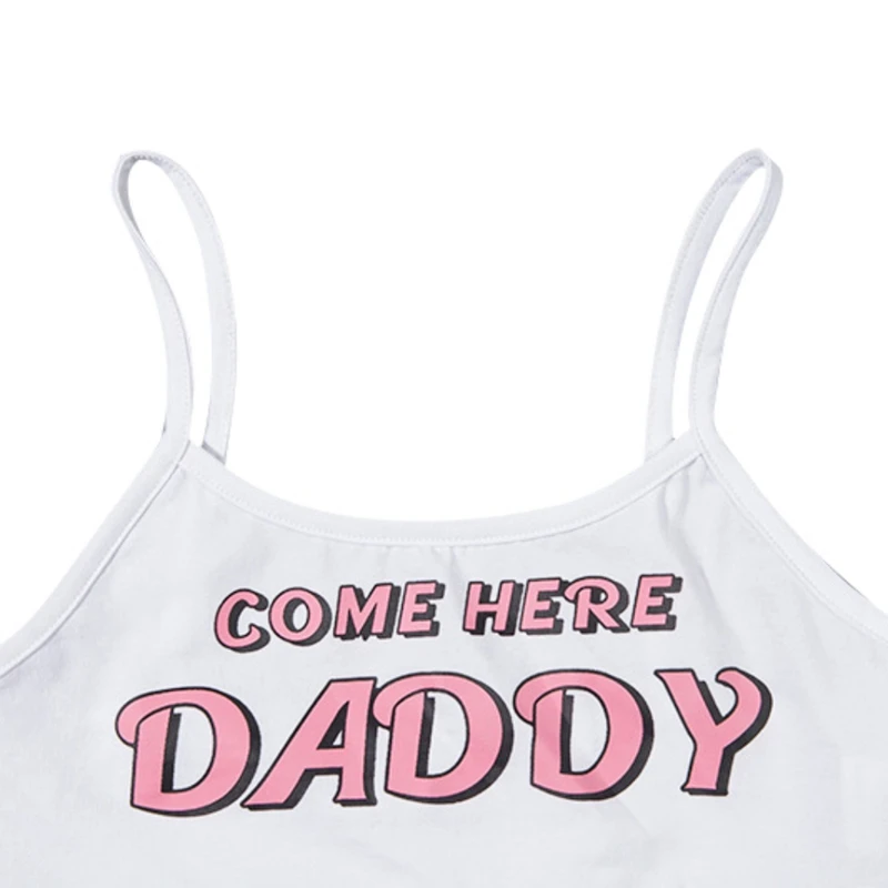 Модный топ на бретелях с надписью «COME HERE DADDY», летние сексуальные укороченные женские топы без рукавов в стиле Харадзюку каваи