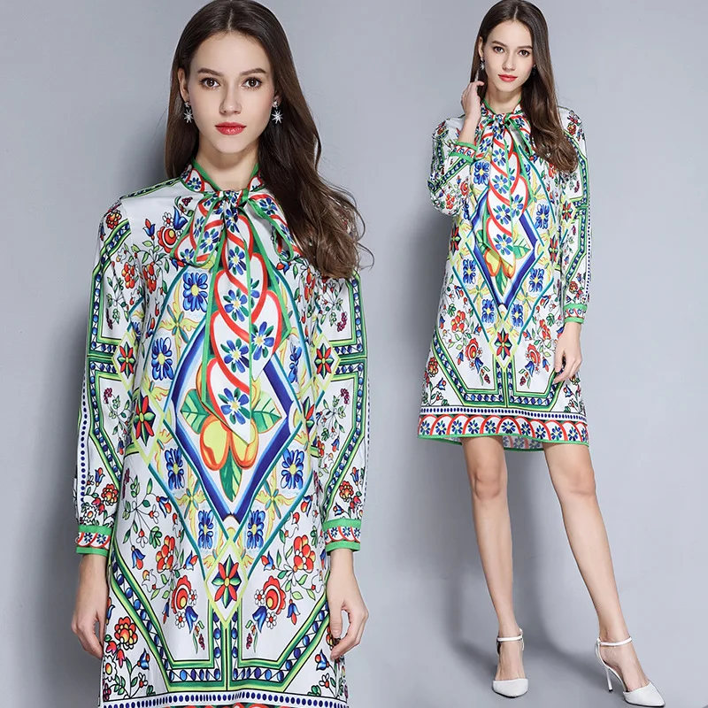 

2019 Early Spring Europe And America Big Brand Flower Printed Bow Bandage Cloth Dress Long Sleeve Shirt Dress