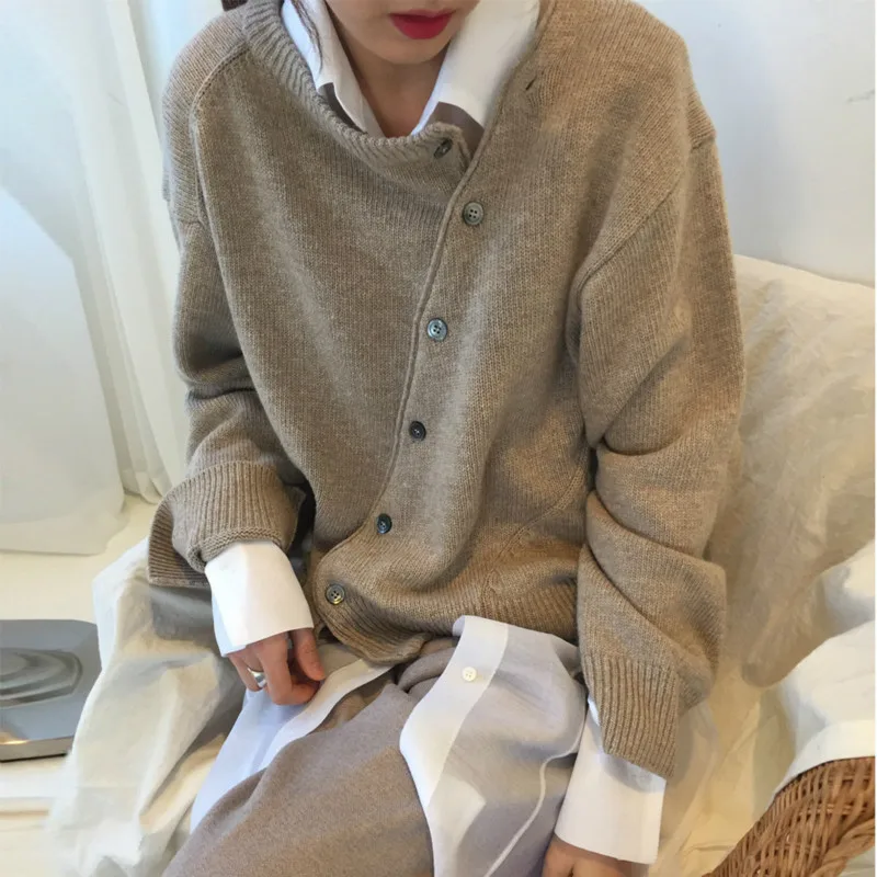 Дизайнерский необычный косой вязаный свитер, кардиганы с круглым вырезом, повседневный женский свитер, женская зимняя одежда Harajuku