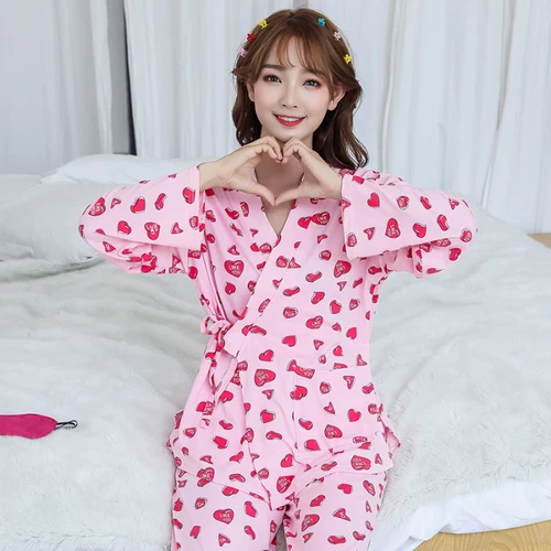 C JV fen ai xin Spring Autumn Women Pajamas Sets Long Sleeve V-neck Cute print Home Wear Lovely Sleepwear Send Eye Mask Girls Pijama mujer - Цвет: C JV fen ai xin