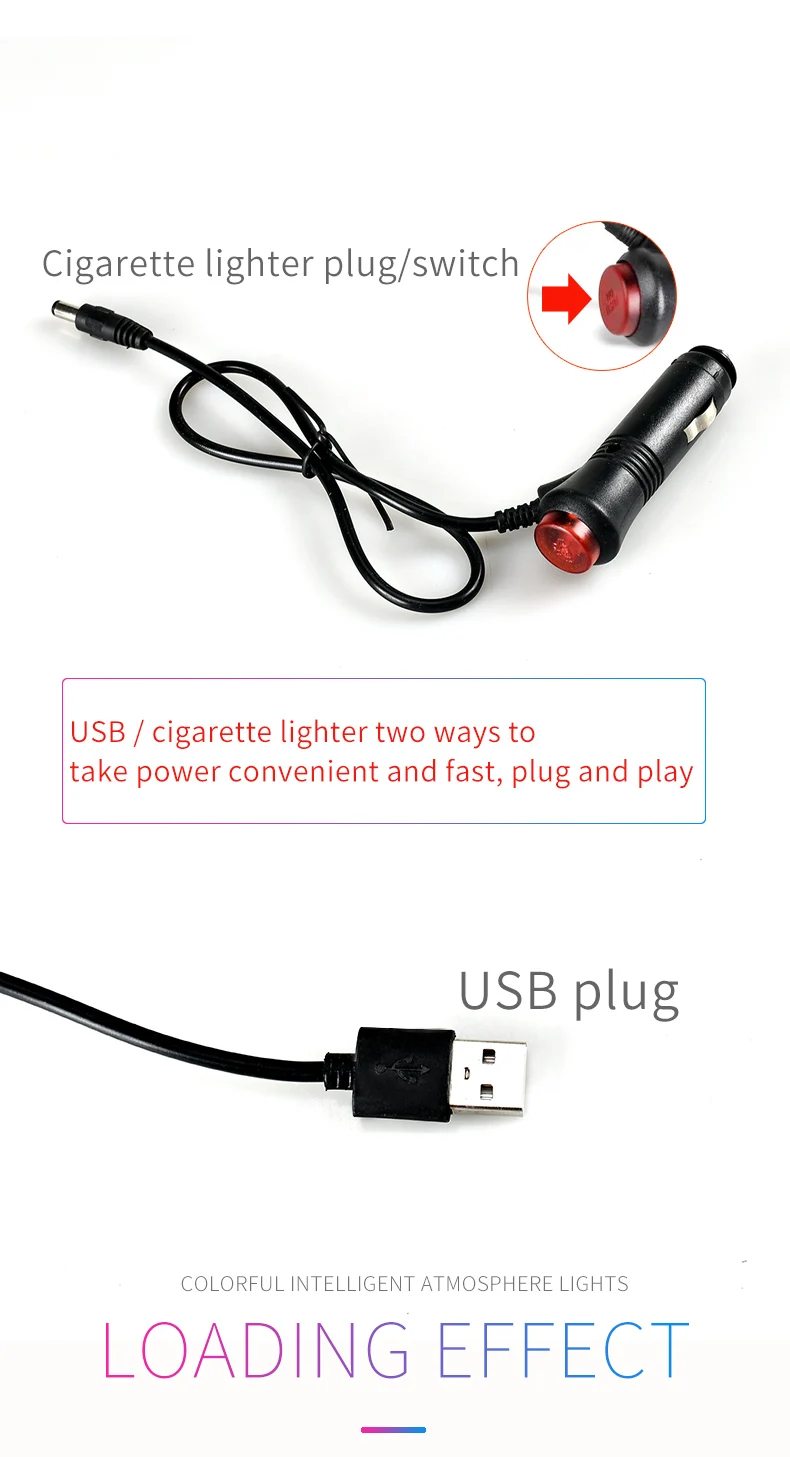 Led Car Foot Ambient Light With USB Cigarette Lighter Backlight Music Control App RGB