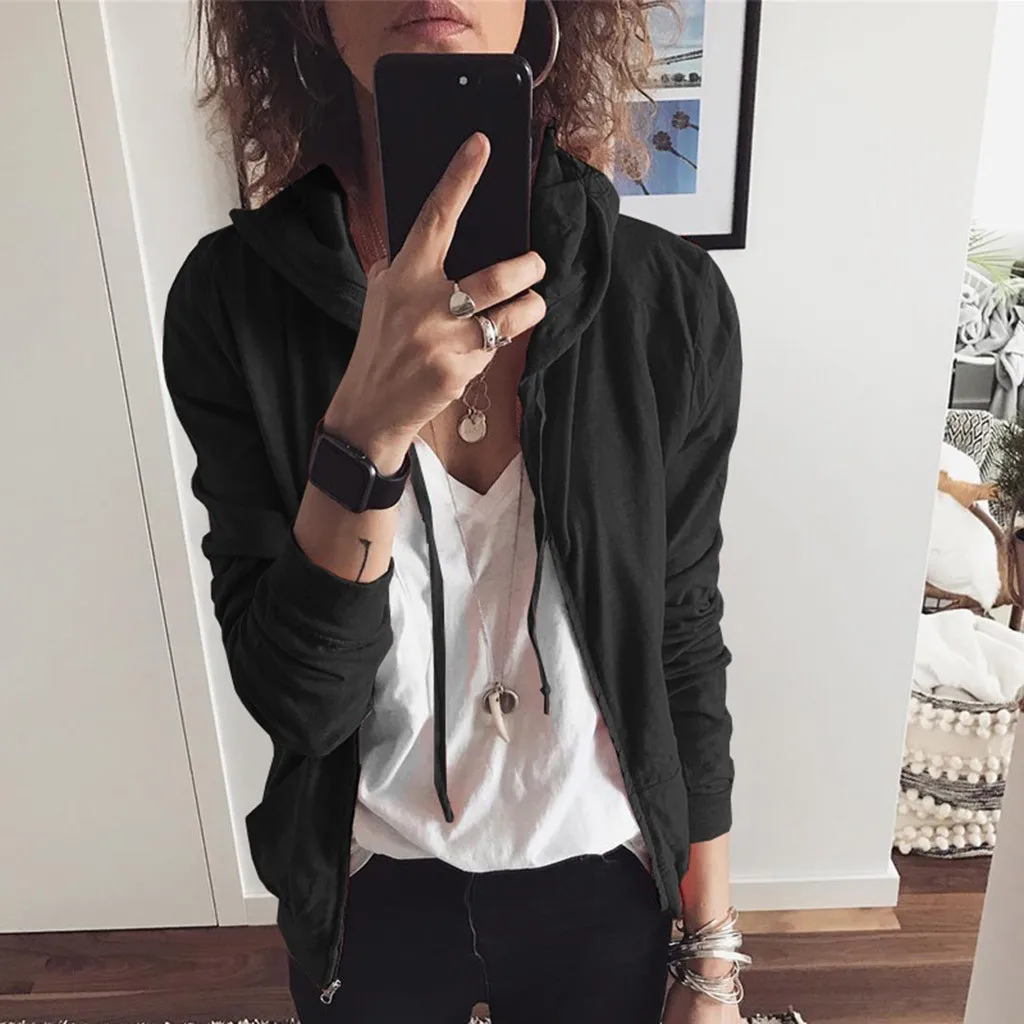 

JAYCOSIN Women Autumn Spring Tops Drawstring Hooded Long Sleeve Hoodie Sweatshirts Zip Up Crop Casual Jacket Zipper Coat Outwear