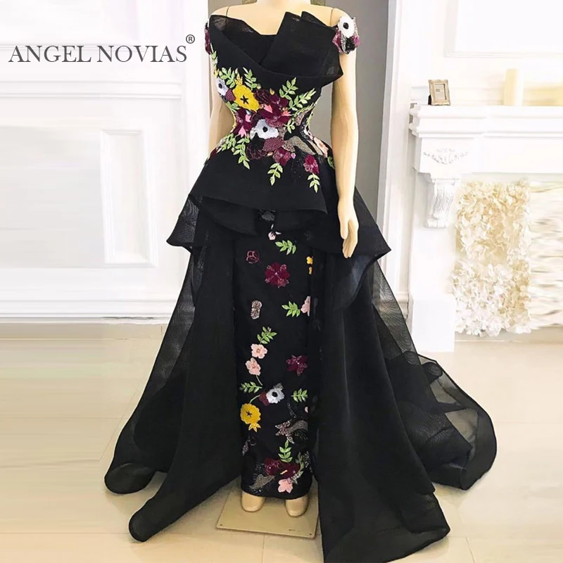 

Long Black Off Shoulder Arabic Evening Dress 2020 kaftan Dubai Formal Evening Gowns vestidos de fiesta de noche