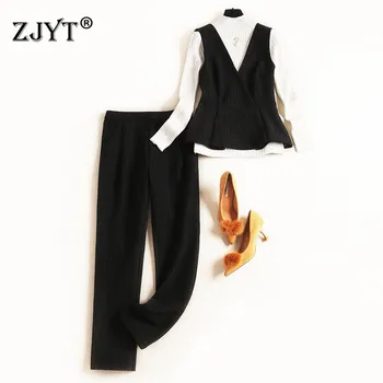 

Elegant Office Lady 3 Piece Pants Set Women 2019 Fall Winter Designers Long Sleeve White Knit Top+Vest+Trousers Clothing Sets