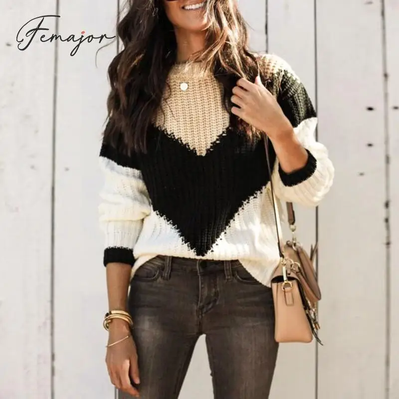 

Femajor Women Autumn Winter Sweater Casual Stripe Contrast Color Block Knit Tops Pullovers Female 2019 High Street Loose Jumpers