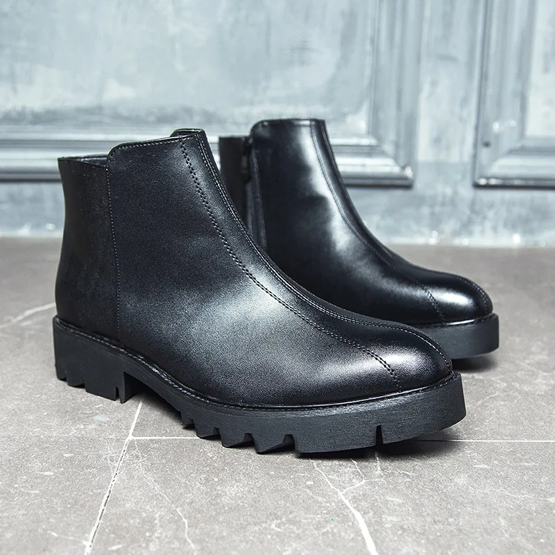 

Autumn New Style Business Casual Short Boots Pointed Toe Thick Bottomed Simple Leather Boot England Zipper Men's Boot Fashion Mo