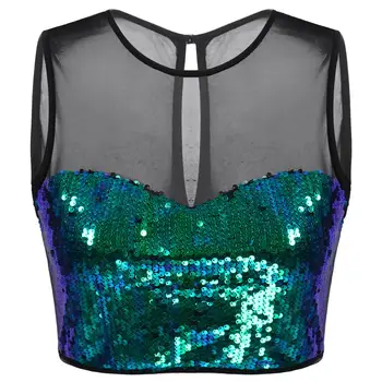 

Womens Shiny Ballet Dance Tank Tops Shiny Sequins Bodice Crop Top Dancewear Round Neck Sleeveless Mesh Spliced Ballet Costume