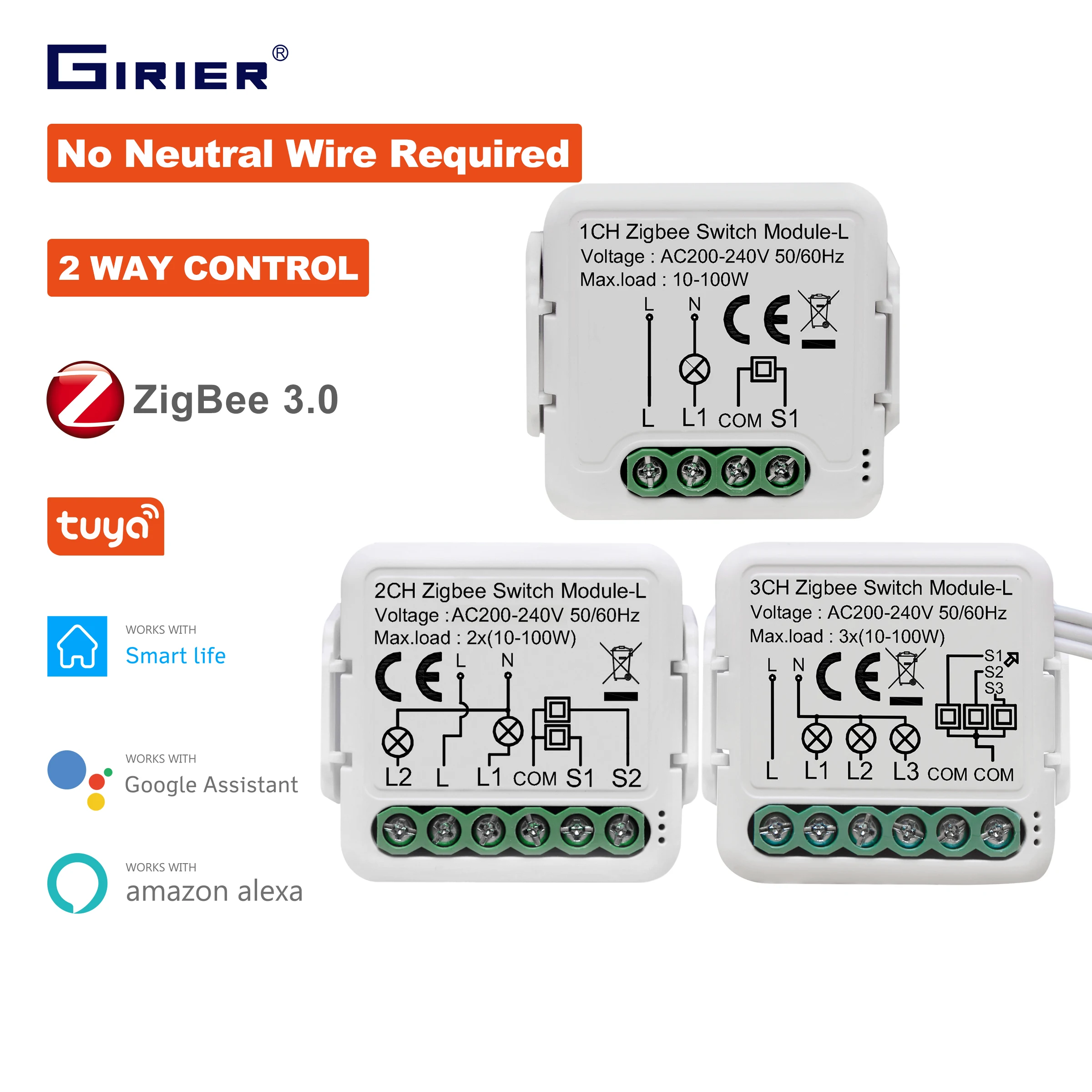 GIRIER Tuya ZigBee 3.0 Smart Switch Module 10A No Neutral Wire Required Smart Home DIY Light Breaker Work with Alexa Google Home