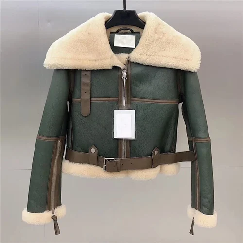 Green-short Ins популярный дизайн, куртка из овечьего меха, зимняя женская верхняя одежда, теплое пальто из натурального овечьего меха, пояс на молнии, толстая овечья кожа, меховая куртка - Цвет: Green-short