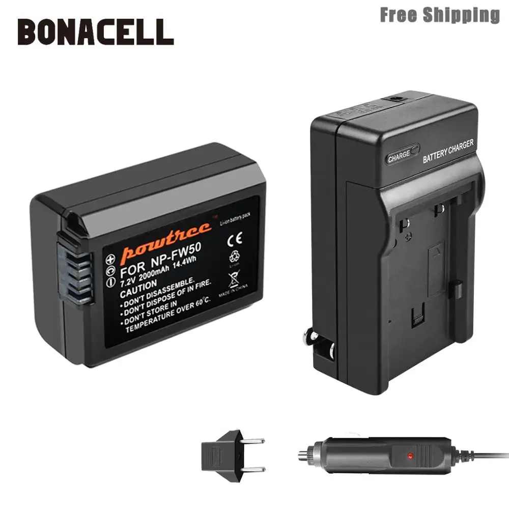 Bonacell 2000mah NP-FW50 NP FW50 Battery+Charger AKKU For Sony NEX-7 NEX-5N NEX-5R NEX-F3 NEX-3D Alpha a5000 a6000 DSC-RX10 L50