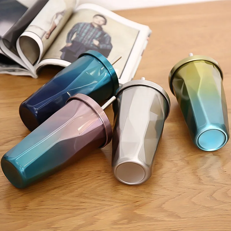 

500ml Metal Coffee Cup With Reusable Straws and Lid Gradient Color Double Wall Diamond Vacuum Stainless Steel Eco-Friendly Mug