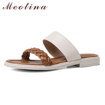 

Meotina Natural Genuine Leather Flat Slippers Women Shoes Mixed Colors Slides Female Summer Causal Sandals Ladies Large Size 40