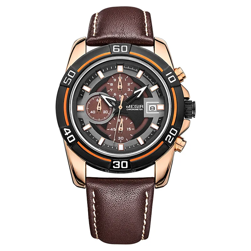 

MEGIR Brand Men Business Watch Luxury Leather Strap Chronograph Quartz Military Wrist Watches Clock Men Relogio Masculino 2023