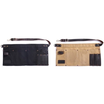 

2Pcs Multi Pocket Apron for Women Real Leather Canvas Half Apron Pocket Waitress Teacher Cosmetic Apron - Black & Khaki