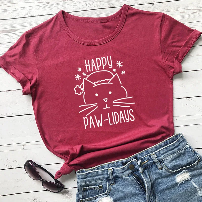 Футболка Happy Paw-lidays для девочек милые кошки мяу Рождество Женская эстетичная