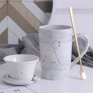 Чашка керамическая чашка с крышкой Ложка Женская Студенческая Милая Большая вместительная Бытовая кружка Мужская чашка для воды кофейная чашка чашки и кружки кофе - Цвет: Pisces