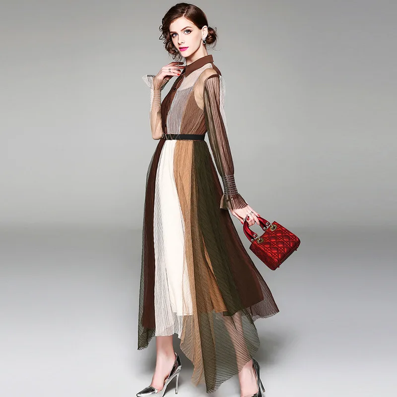 

2018 Summer Wear New Style Europe And America Fashion Printed Mesh Dress Elegant Waist Hugging Slimming Long Sleeve Stand Collar