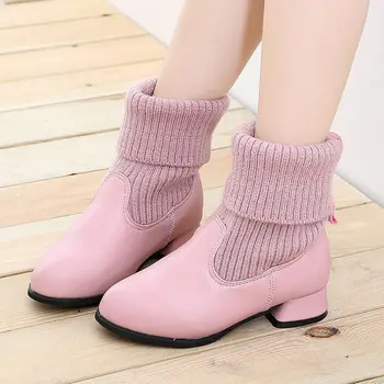 

Autumn Versatile Child Leather Boot Western Style GIRL'S Black Leather Shoe Students Knitted Ankle Boots Girl Martin Boot
