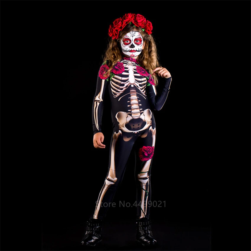 Purim Rose Skull Adult Kids Horror Costume Halloween Dress Cosplay Jumpsuit Carnival Party Girl Jumpsuit Day of The Dead