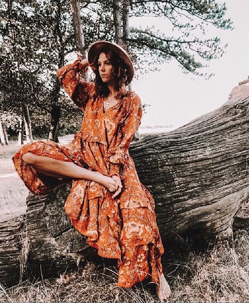 TEELYNN, женские платья с длинным рукавом, вискозное, оранжевое, с цветочным принтом, Осеннее, бохо, платье с v-образным вырезом, свободное, длинное платье, цыганские платья, Vestido robe