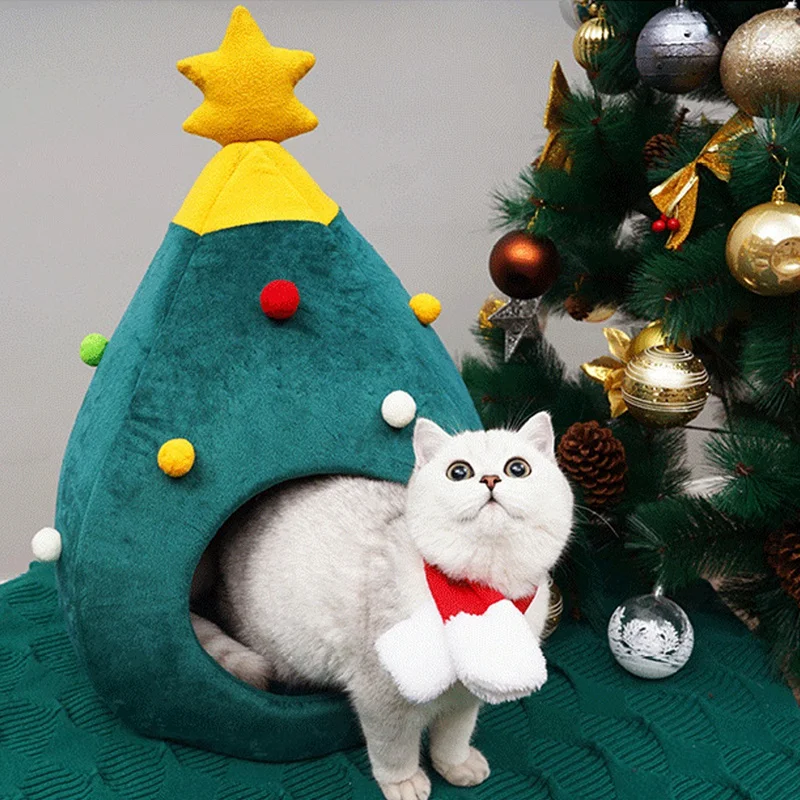 Лучший домик для домашних животных, кошка, собака, пещера, спальная кровать, Рождественская елка, в форме питомника, кровать для щенков, зимняя теплая для кошек, собак, синяя