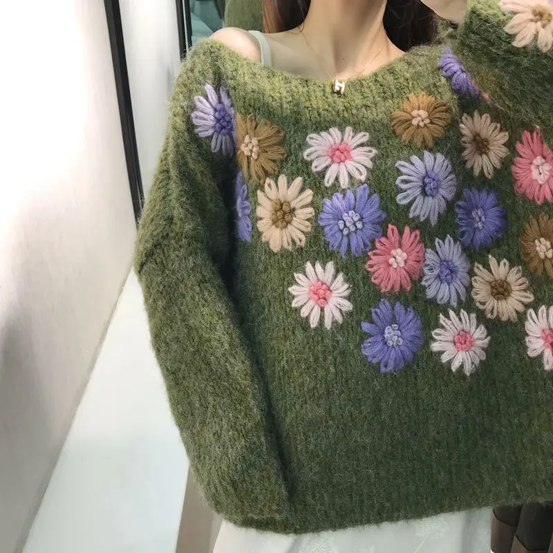 Neploe Pull Femme пуловер с цветочной вышивкой женский свитер сексуальный без бретелек летучая мышь вязаный Топ Зеленый Повседневный Свободный Трикотаж 56658