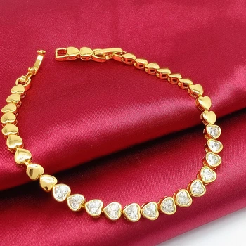 

Romantic Heart Link Bracelet Chain Yellow Gold Filled Clear Cubic Zircon Inlaid Womens Bracelet Wrist Jewelry