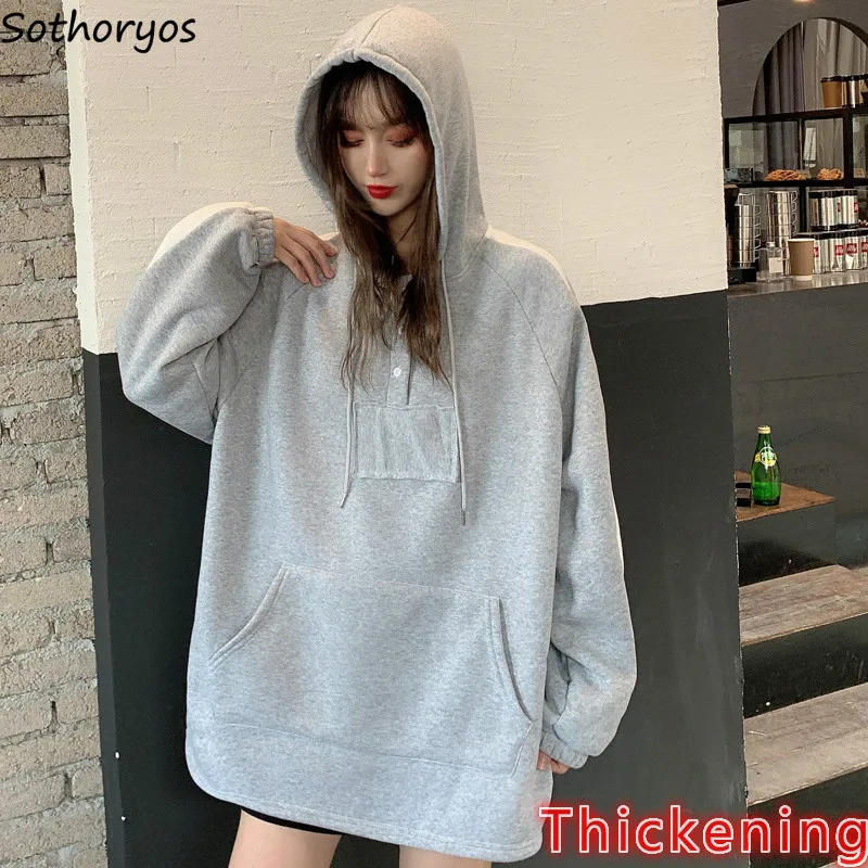Hoodies Women Korean Oversized Hoodie Gray Winter Clothes Thickening Womens Hoodie Patchwork Novelty Sweatshirt with Hooded Warm