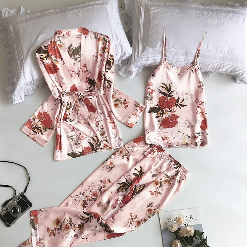 

3Pcs/set Spring Autumn Women Silk Pajamas Sets No-Pads Flower Print Pajama Sleepwear Spaghetti Strap Satin Pyjamas 2020
