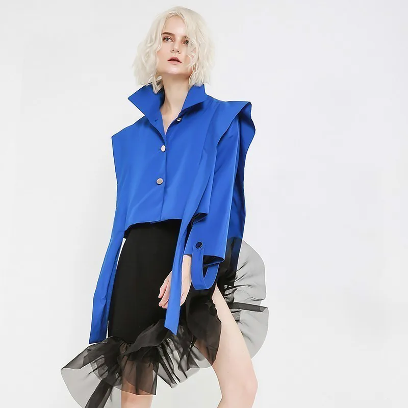 

[Spring Autumn New 2020 Loose Fit Blue Ribbon Short Big Size Jacket Lapel Long Sleeve Women Coat Fashion Tide