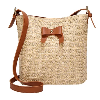

Women Summer Casual Shoulder Bow Straw Woven Bucket Crossbody Bag