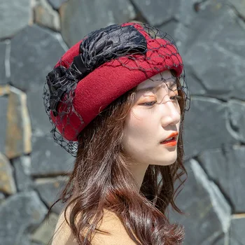 

Brand Wool Felt Women Beret Cap AutumnDouble Layers Pillbox Bow Beret Elegant Ladies Face Veil Fedora Winter Female Wool Hat