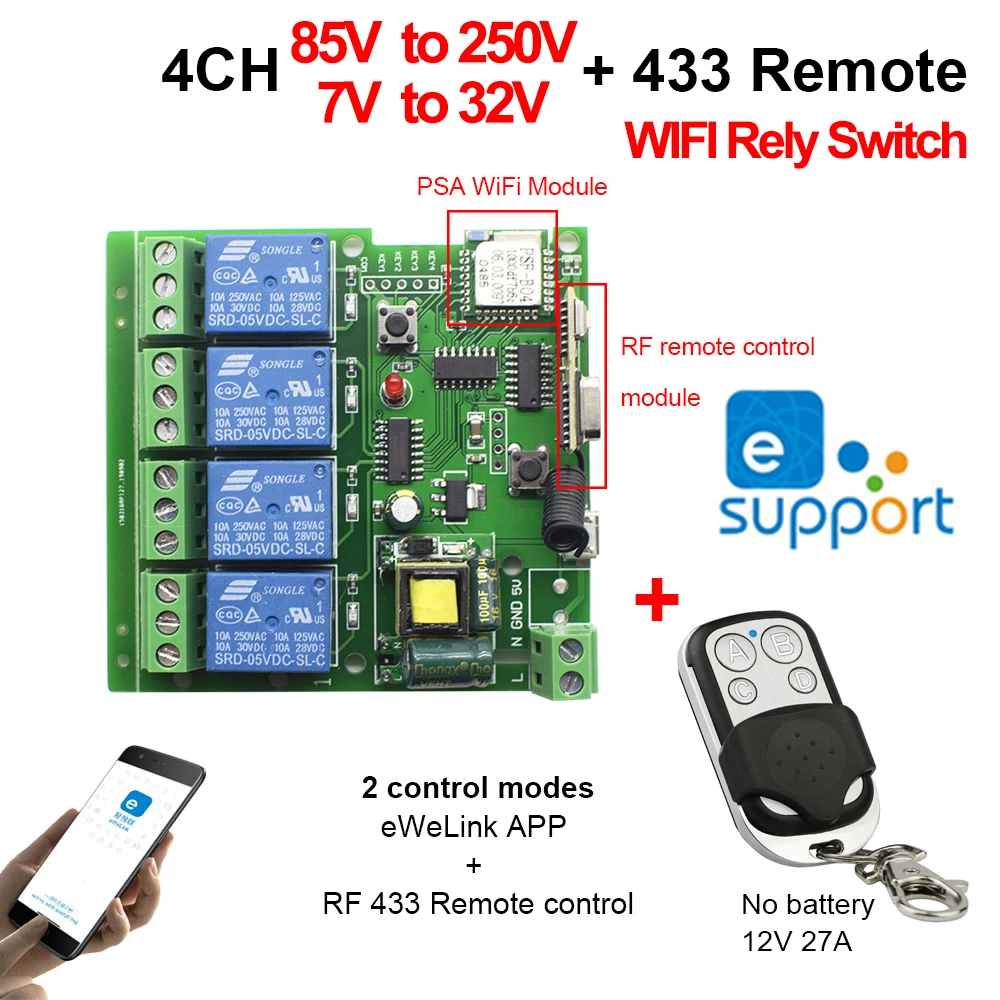 Ewelink Rele WIFI Relay 10A 12v Switch 1/4CH 12 V Remote Control Switch  Module Smart RF Receiver 24v 220v 230v Alexa Compatible