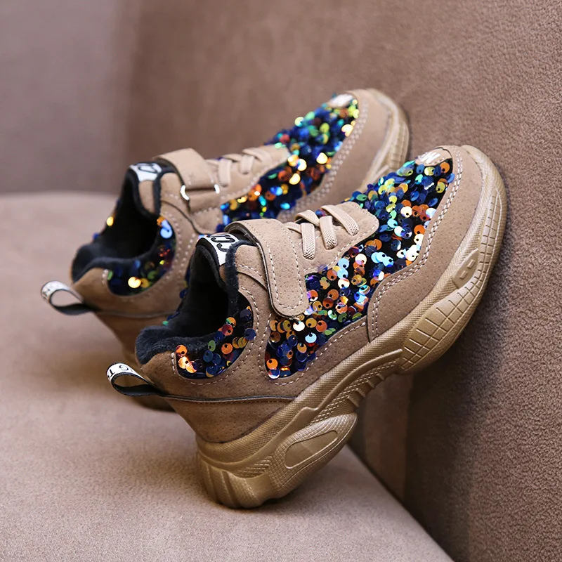 Детская блестящая обувь; коллекция года; зимняя модная блестящая обувь; кроссовки с блестками для девочек; детская повседневная спортивная обувь для тренеровок для девочек