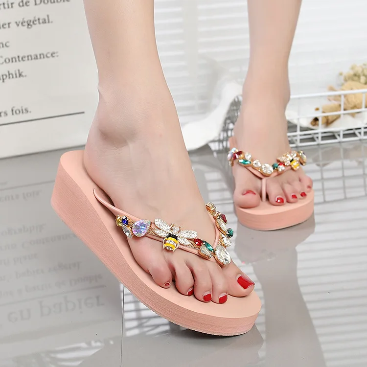 

New Style Trend Small Bee Light Diamond Women's Fashion Flip-flops Semi-high Heeled Seaside Anti-slip Rubber Sandals Sandals