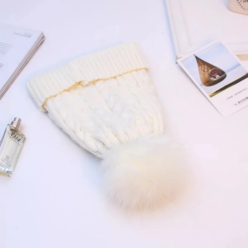 Женская зимняя мягкая Толстая флисовая двухслойная вязаная шапочка с помпоном из искусственного меха - Цвет: Белый